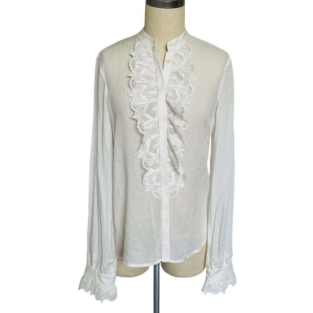 H&M White Edwardian Lace Front Button Down Blouse Lace Wrists